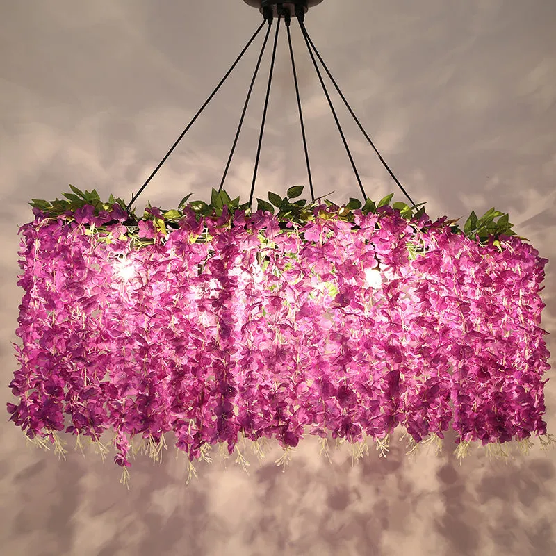 Retro Floral Metal Island Light Fixture â€“ 6-Bulb Pendant in Purple for Restaurants